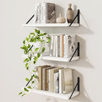 Wall Shelf, Floating Book Shelves with Brackets, 16 inch White Shelves Set of 3, Particle Board Wooden Shelf for Kitchen, Bat