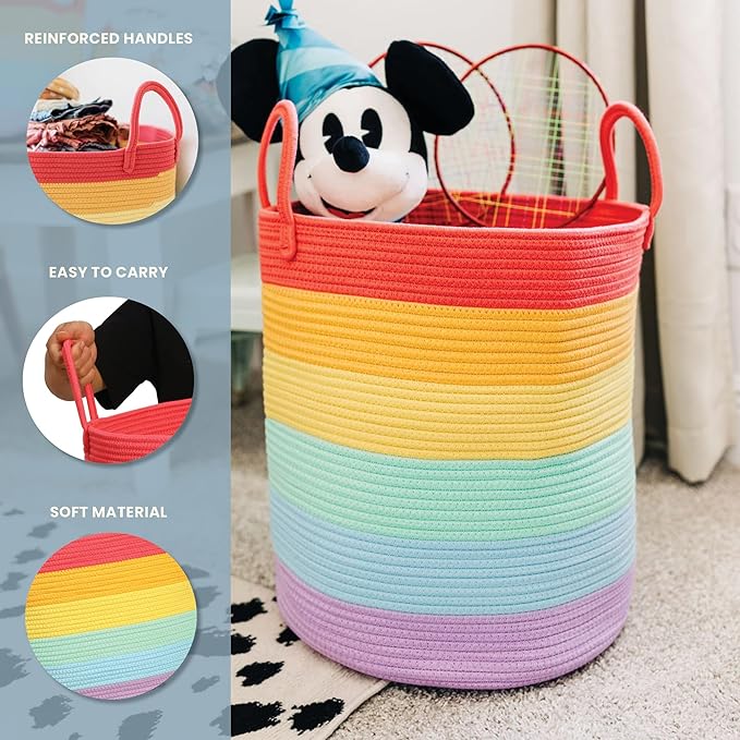 OrganiHaus Large Rainbow Woven Laundry Basket w/Handles 52L, Decorative Toy Storage Bin for Nursery, Colorful Blanket Basket 