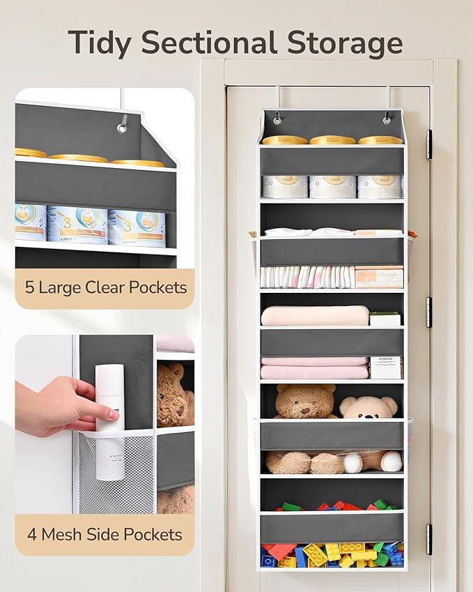 ULG Over-the-Door Organizer 5 Tiers, Large Pocket Hanging Rack with 4 Mesh Side Pockets, Space Saving Closet Door Organizer f
