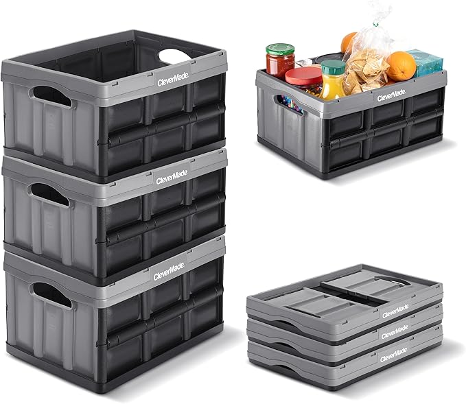 CleverMade Collapsible Storage Bins 32L 3 Pack – Heavy Duty Foldable Storage Bins with Built-In Handles for Garage Storage an