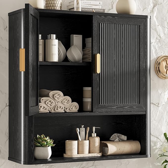 INNOD Bathroom Wall Cabinet, Wall-Mounted Medicine Cabinet with Adjustable Wood Shelf & Doors, Floating Bathroom Cabinet Over