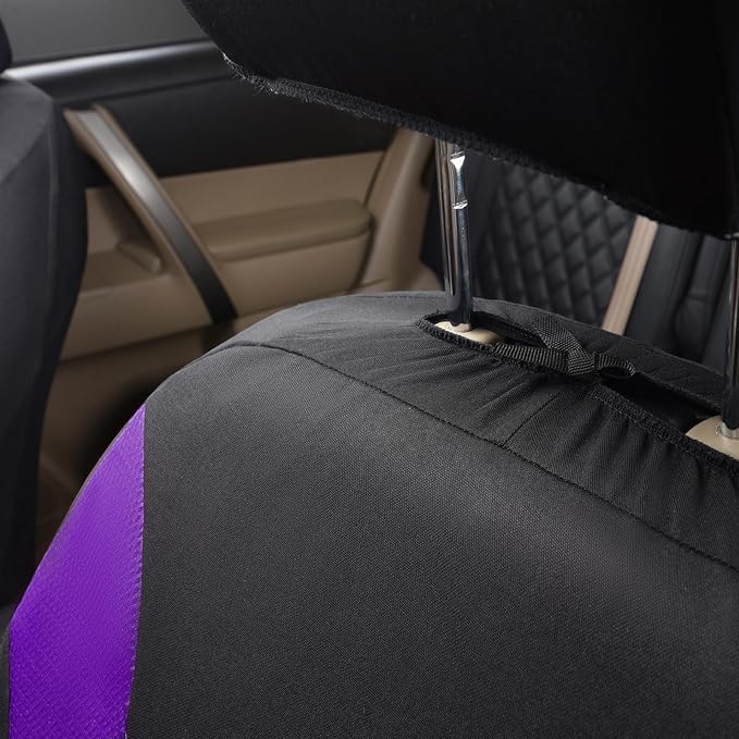 Flying Banner Car Seat Covers Full Set Front Seats and Rear Bench Mesh Fabric Splicing Polyester Cover Black with Purple Colo