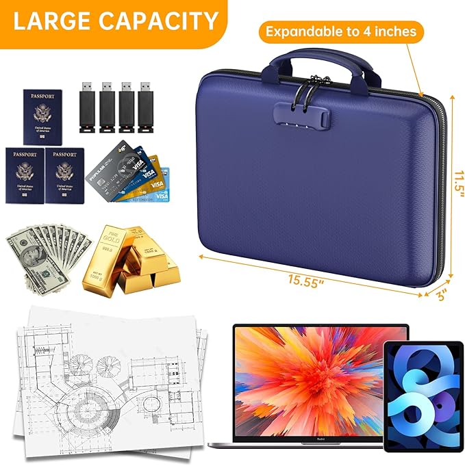 DocSafe Fireproof File Organizer with Lock, Hard-Shell Case Fireproof Document Box with 13 Pocket Accordion File Folder, Port