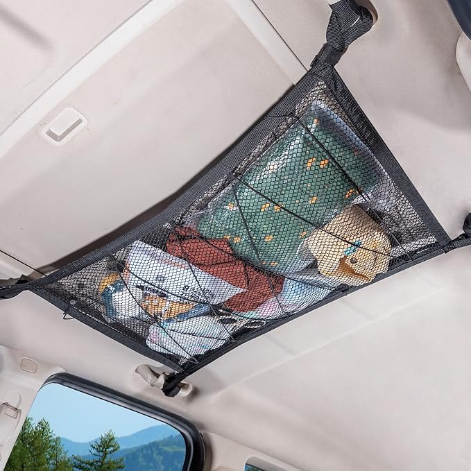 Kaskawise Car Ceiling Cargo Net, 31"x21" Adjustable Double-Layer Mesh SUV Roof Organizer, Van Life Accessories for Long Trip, Car Camping Essentials, Road Trip Must-Haves for Overhead Storage