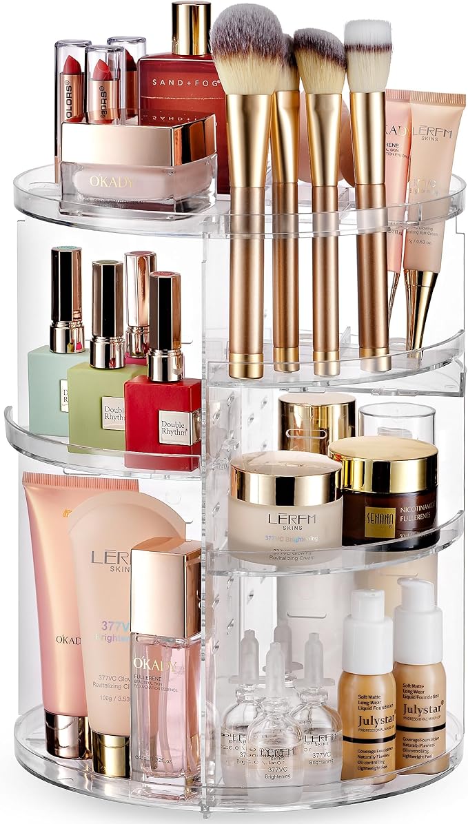 Masirs 360 Rotating Makeup Organizer Countertop - Adjustable Shelf Height - The Perfect Round Spinning Cosmetic Organizer for