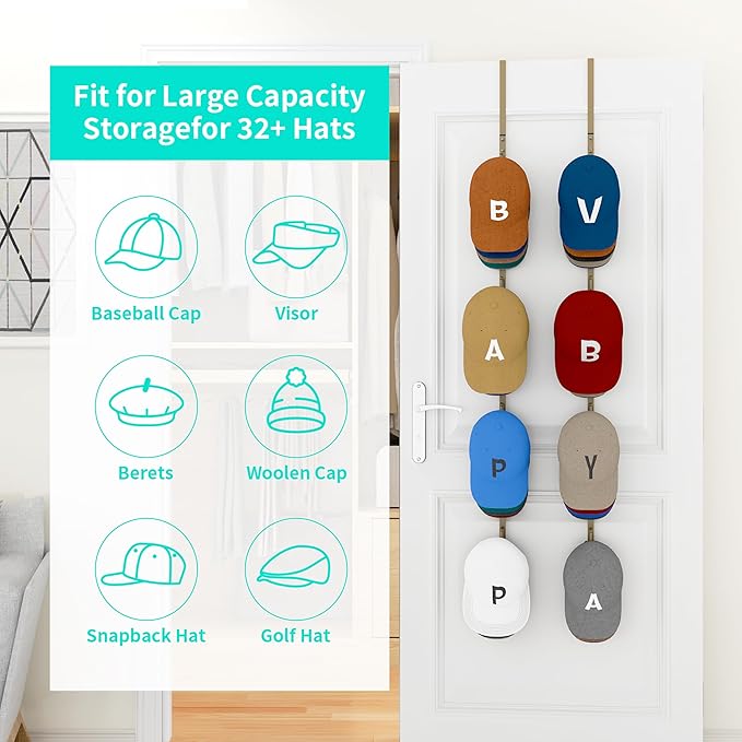 HapiRm Over Door Hat Rack - 2 Packs Hat Organizer with 8 Hooks Design, Hanging Baseball Cap Organizer Storage Holds Up to 40 