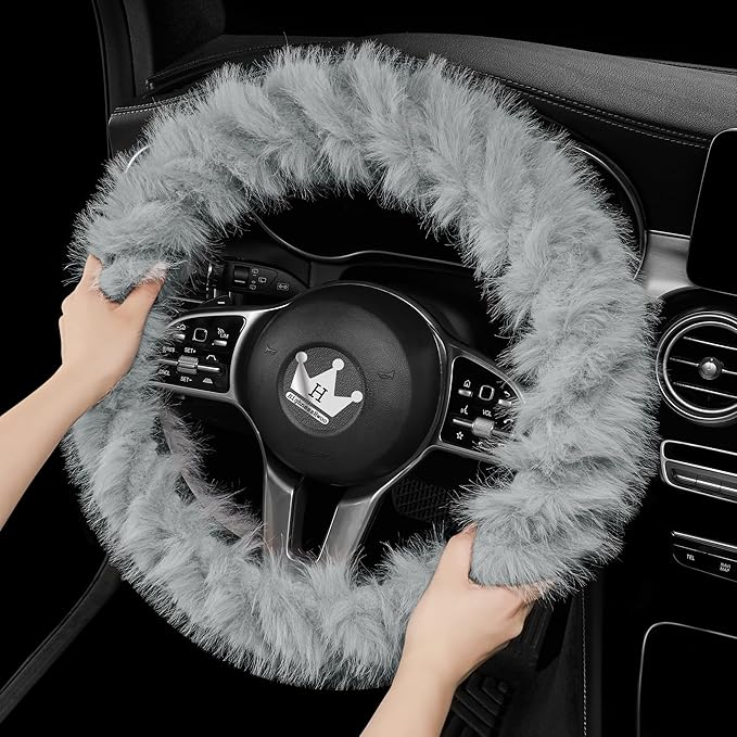 Fuzzy Winter Steering Wheel Covers for Women, Warm Cute Fluffy Car Wheel Cover for F150, Trucks, Jeep, Van, Soft Furry Auto Plush Large Car Handle Cover for Cold Weather, 15.2-16in, Gray