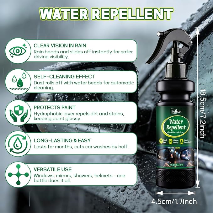 Water Repellent Spray for Car Windshield & Glass - Long Lasting Rain Repellent & Hydrophobic Coating for Windshield, Glass, W