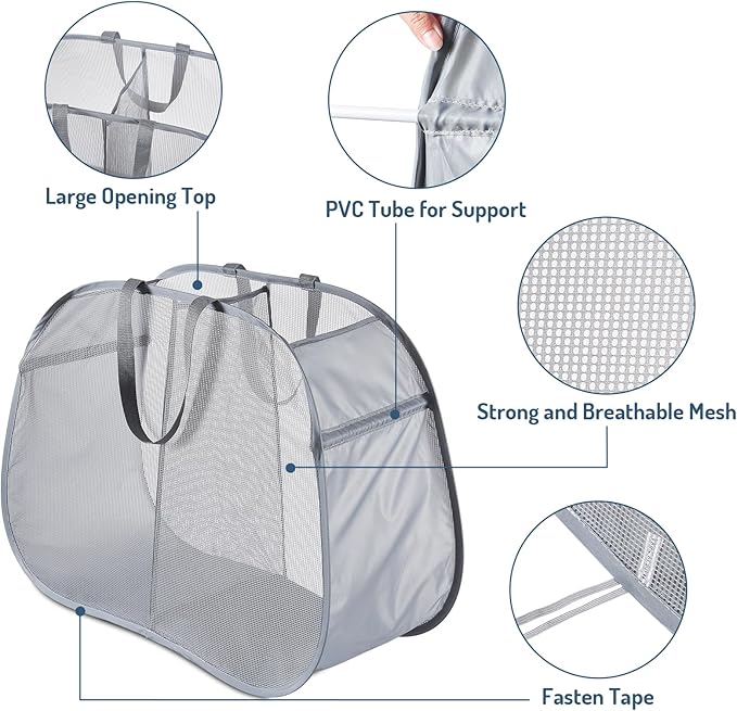 Seiritex Mesh Popup Laundry Hamper 2 Compartment, Collapsible Laundry Sorter Basket Foldable Hamper for Clothes, College Dorm
