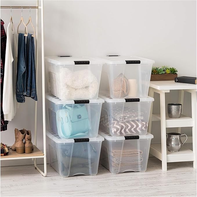 IRIS USA 54 Qt Stackable Plastic Storage Bins with Lids, 12 Pack - BPA-Free, Made in USA - See-Through Organizing Solution, L