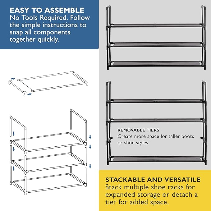 Sundaze Shoe Rack - 3 Tier Shoe Rack for Front Door Entrance, Sturdy Long Shoe Organizer for Closet, Bedroom, Entryway, Garag