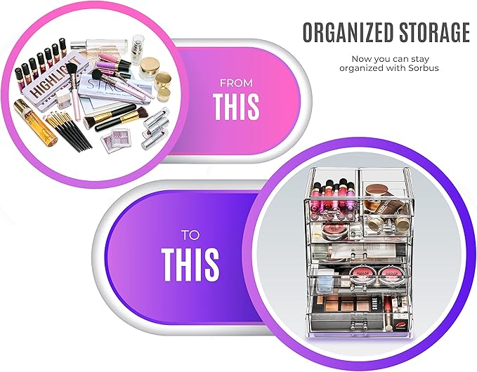 Sorbus Acrylic Makeup Organizer Set, 6-Drawer Vanity & Countertop Cosmetic Storage with Small & Wide Drawers, Black Jewel Mak