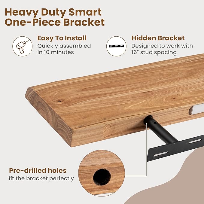Floating Shelves for Wall Decor, Rustic Solid Elm Wood Live Edge Floating Shelves Wall Mounted, Wall Shelves with Invisible B