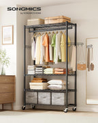 SONGMICS Heavy-Duty Rolling Clothes Rack, Garment Rack, Portable Closet on Wheels, with Adjustable Mesh Shelves and Hanging R