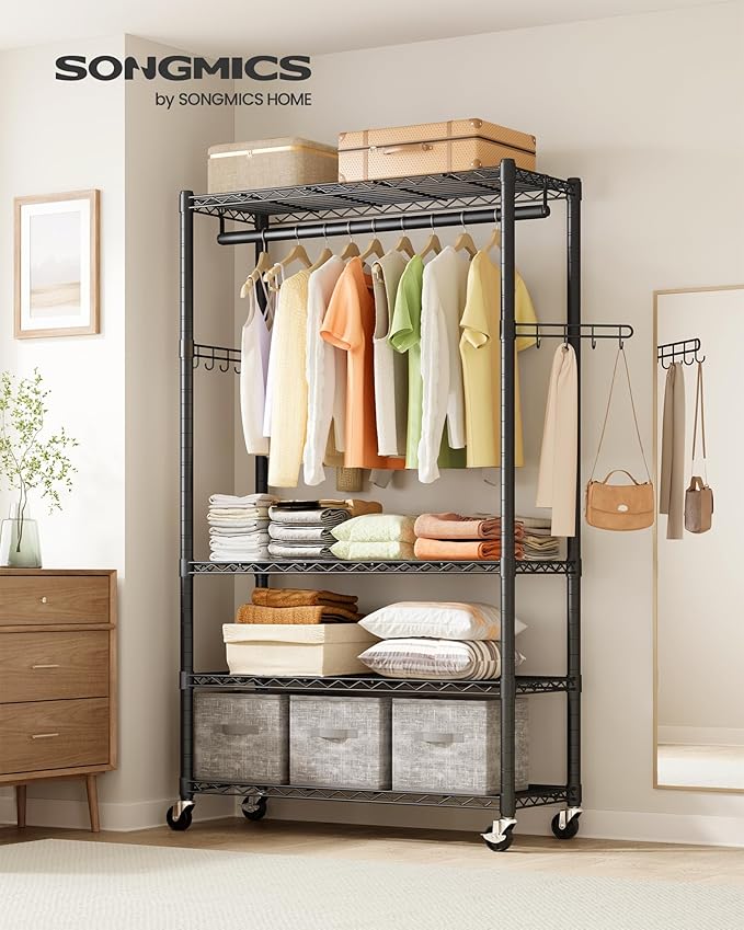 SONGMICS Heavy-Duty Rolling Clothes Rack, Garment Rack, Portable Closet on Wheels, with Adjustable Mesh Shelves and Hanging R