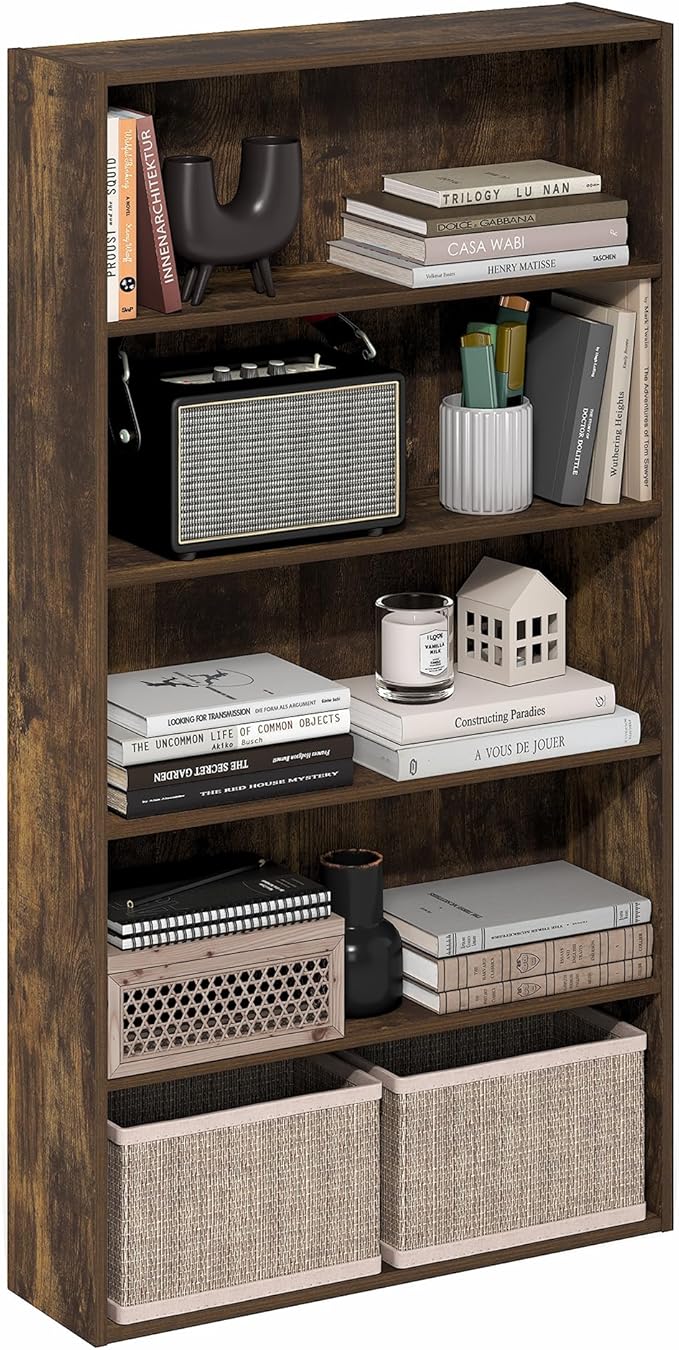 Furinno Basic Book Shelf, 5-Tier Bookshelf, Storage Organizer Bookcase with Open Shelf, 7 x 24 x 44, for Living Room, Bedroom