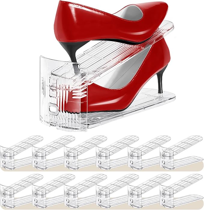 Shoe Slots Organizer 12 Pack - Shoe Stacker,3 Levels Adjustable,Space Savers 50%,Double Layer Holders for Closet (Transparent