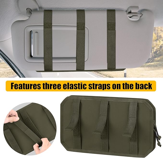 Car Sun Visor Organizer, Tactical Sunvisor Organizers Storage Covers for Trucks, Molle Panel with Pockets Zipper Visor Storage Pouch Accessories, Fits Most Vehicles, SUVs & Jeeps (RG)