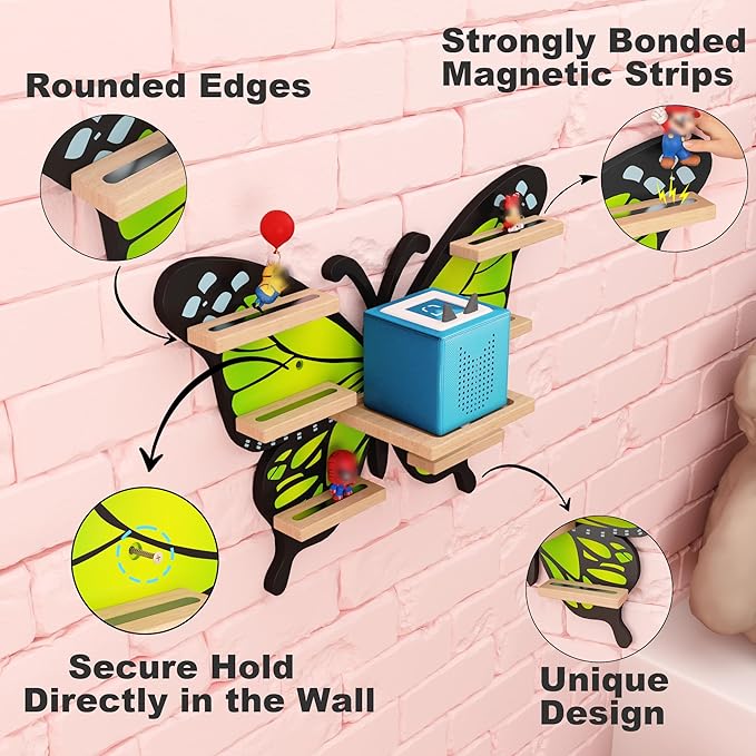 Green Butterfly Tonie Shelf for Tonie and Box - Magnetic Wooden Floating Shelf for Figure Storage,Cute Tonie Wall Shelf for 1