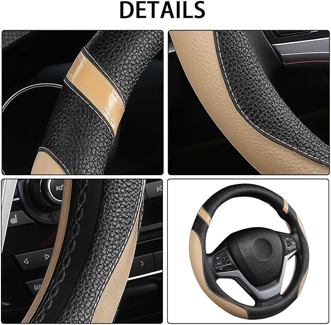 Cxtiy Pickup Truck Steering Wheel Cover – Sporty Fahsion Non-Slip Premium Leather Universal 15.5-16 Inch Steering Wheel Grip 
