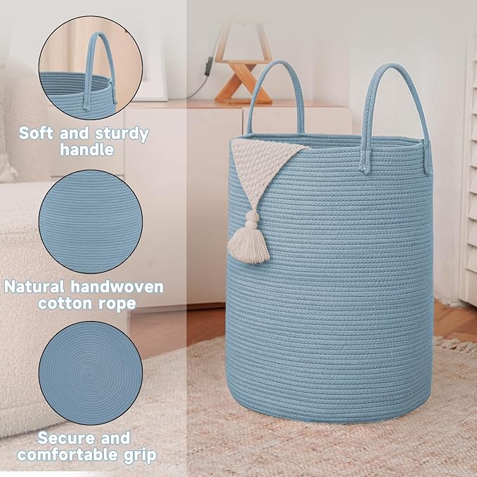 JMvicyroam Large Woven Laundry Basket Hamper,60L Cotton Rope Storage Bin for Blankets,Toys and Clothes,Decorative Tall Nurser