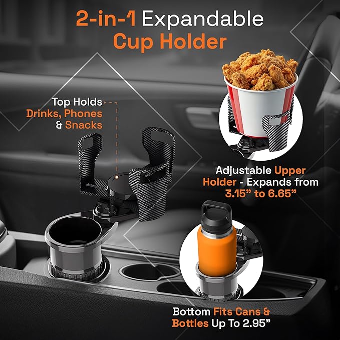 Car Cup Holder Expander 2 in 1, Expandable Cup Holder with Adjustable Base, The Upper Part Fits Yeti, Ramblers, Hydroflask, Other Large Bottles/Mugs, expandable to 3"-6.5"