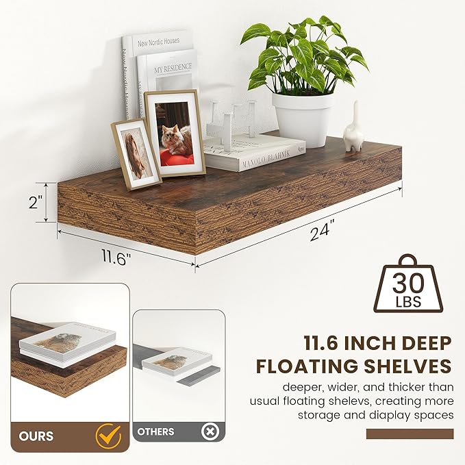 12 Inch Deep Floating Shelves | 24 Inch Brown Floating Shelves | 24" W x 12" D Rustic Wood Shelves for Wall | Deep Shelves fo