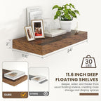 12 Inch Deep Floating Shelves | 24 Inch Brown Floating Shelves | 24" W x 12" D Rustic Wood Shelves for Wall | Deep Shelves fo