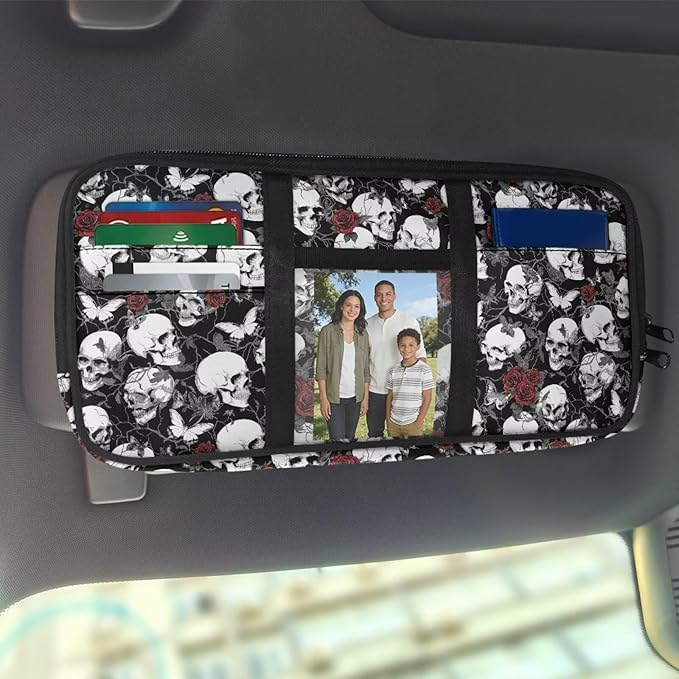 Skull Tactical Gear Organizer Car Sun Visor with Picture Holder Zipper Pouch Storage Bags with Adjustable Straps and Multi-Pocket Easy Installation Universal Fit for Most Cars SUV