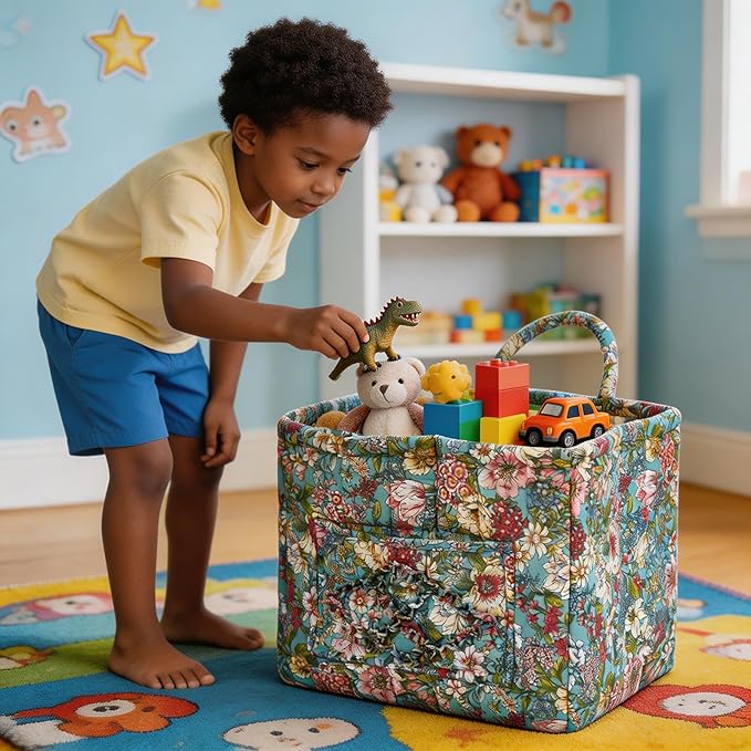 Quilted Laundry Basket with Handles - Multi-Purpose Fabric Storage Basket，Boho Fabric Storage Baskets with Handles for Car, H