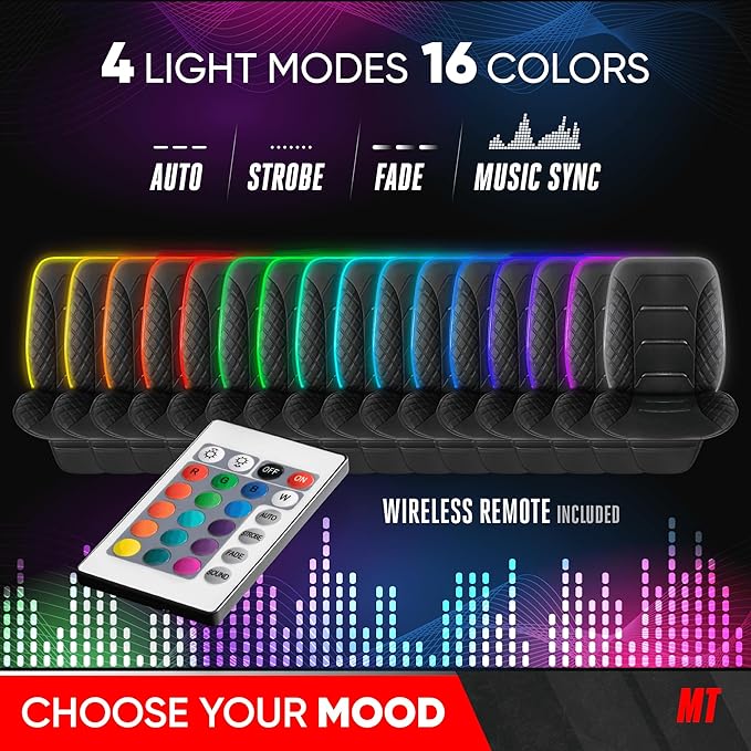 Motor Trend RGB LED Car Seat Protector with Remote — Color-Changing Front Seat Cover, 4 Modes (Music Sync, Pulse, Fade, Stati