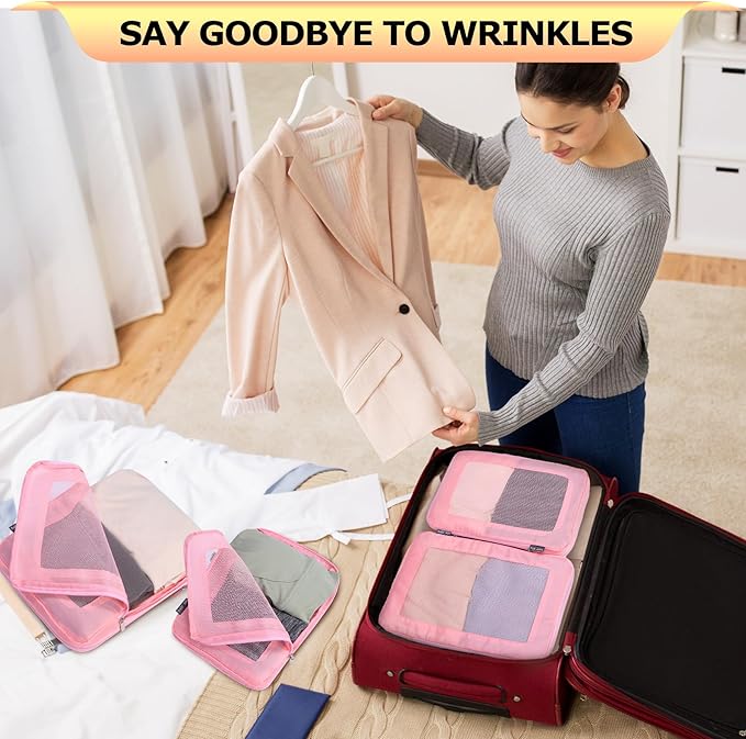 4 Set Ultralight Compression Packing Cubes Travel for Suitcases ，Compressible Mesh Packing Cubes for Travel Women Packing Org