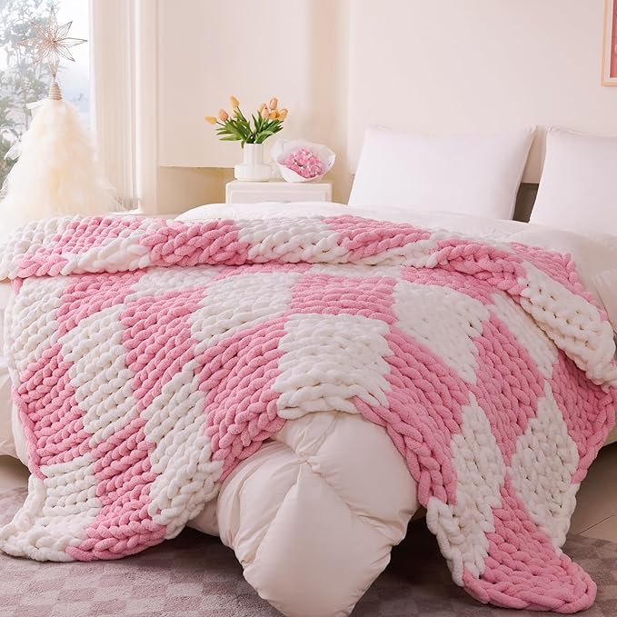 Admitrack Chunky Knit Blanket Throw 51"x63", 100% Hand Knit Chenille Throw Blanket for Sofa & Home Decor, Soft and Cozy Knitt