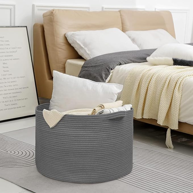 MEGASKET Large Dark Grey Storage Basket, Woven Cotton Rope Baskets for Storage, Big Blanket Organizer Storage Basket for Livi