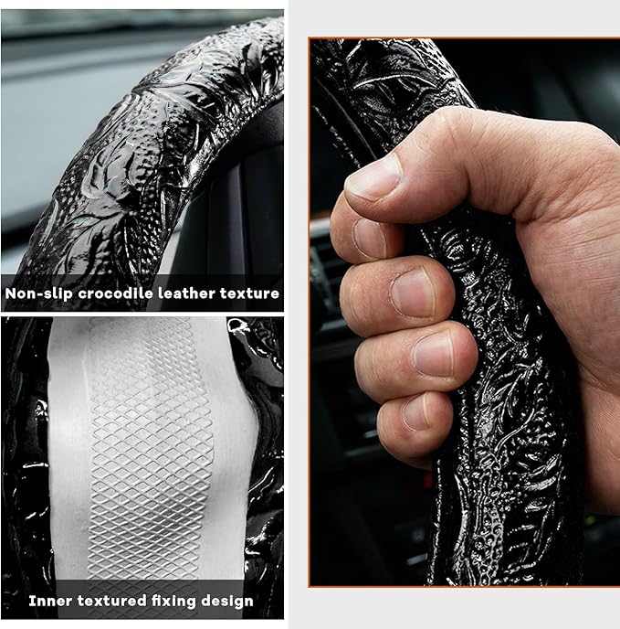 Leather Car Steering Wheel Cover, 15 Inch Anti-Slip Crocodile Pattern Steering Wheel Wrap with Rose Grain, Comfortable Grip W
