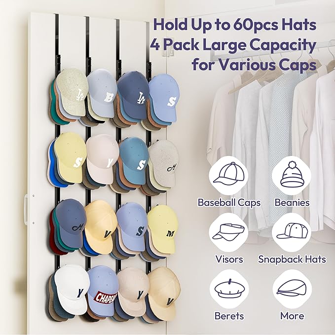 SWTYMIKI Over Door Hat Rack - 4 Packs Metal Hanging Hat Organizer with 16 Hooks Design, Baseball Cap Hanger Organizer Storage