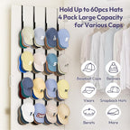 SWTYMIKI Over Door Hat Rack - 4 Packs Metal Hanging Hat Organizer with 16 Hooks Design, Baseball Cap Hanger Organizer Storage