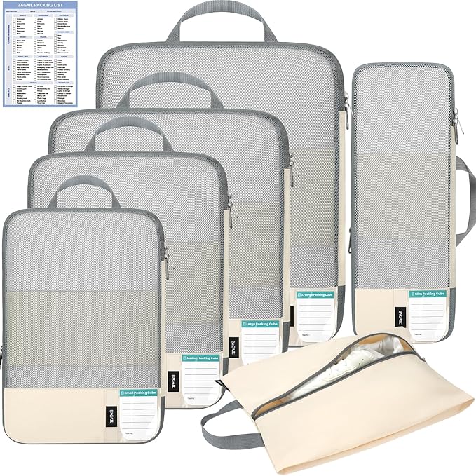 BAGAIL 6 Set Lightweight Compression Packing Cubes with Packing List, Anti-Tearing Expandable Organizer Bags for Travel, Beig