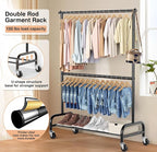 MISSLO Heavy Duty Clothing Racks for Hanging Clothes Rack Double Rod Garment Rack Rolling Closet Wardrobe Rack on Wheels, Met