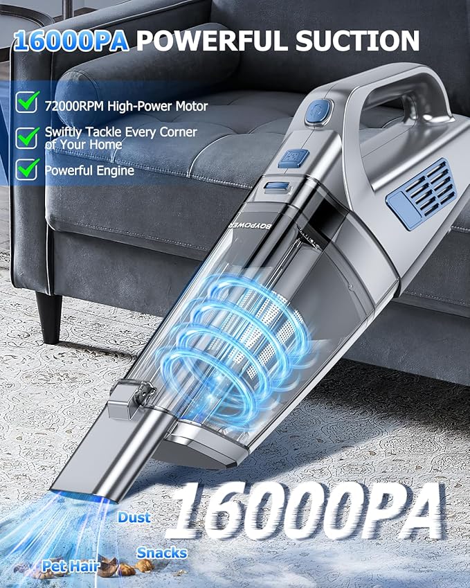 BQYPOWER Handheld Vacuum Cordless, 16000PA Strong Suction Hand Held Vacuum Dust Busters Cordless Rechargeable with Multiple A