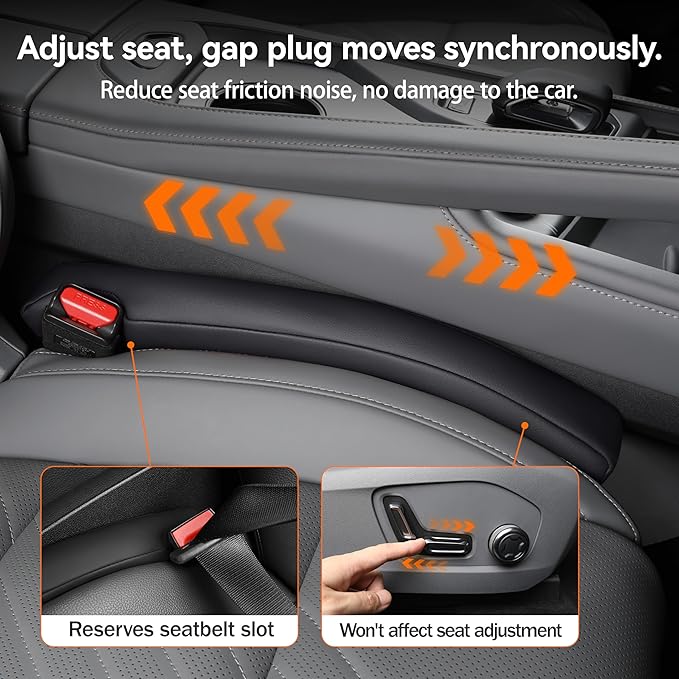 Car Seat Gap Filler - 2 Pack Premium Leather Console Blockers for Cars, Trucks & SUVs - Adjustable 1.4-2.4 Inch Width - Prevents Items Falling Between Seats (Black)