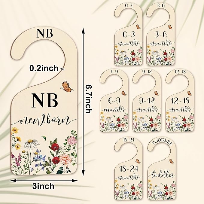 Whaline 8Pcs Vintage Wildflower Hanging Wood Baby Closet Size Dividers and Organizer - Newborn to 24 Months - Thicken Wardrob