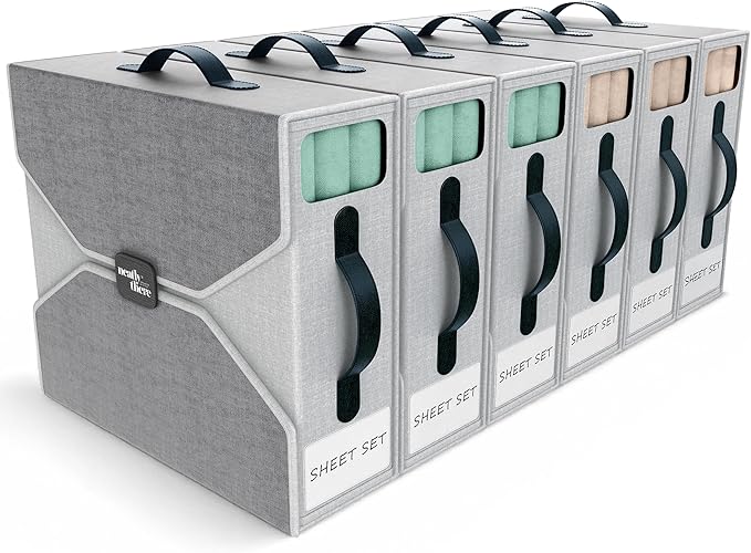 6 Pack Bed Sheet Organizer - Foldable Bedsheet Organizers and Storage, Sturdy Sheet Holder with Window, Labels & Handles for 