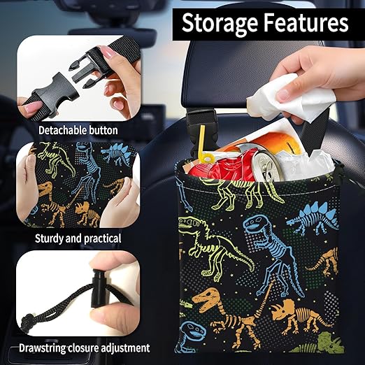 Car Trash Bag Large Hanging Can for Back of Seat, Cute Waterproof Car Garbage Bag for Vehicle, Travelling, Outdoor Colorful Cartoon Dinosaur