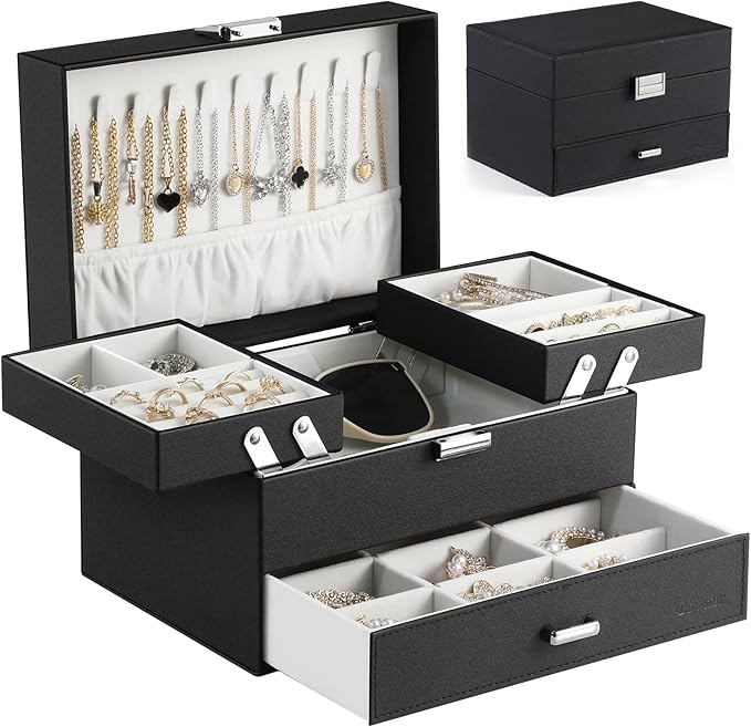 Dajasan Jewelry Organizer Box, Large Jewelry Boxes for Women Girls, Space-Saving 3 Layers Jewelry Storage Case with Drawer, M