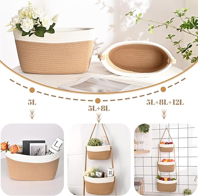Hanging Storage Baskets, Over the Door Basket, Cotton Wall Baskets Storage, Hanging Door Basket with 4 Hooks