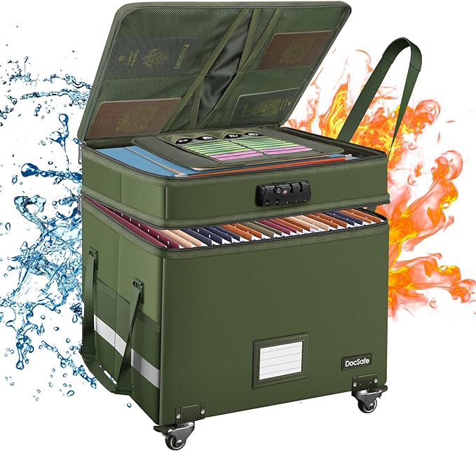 DocSafe File Box with Lock,2-Layer Fireproof Document Box with Wheels,Collapsible Rolling File Storage Organizer with Pockets