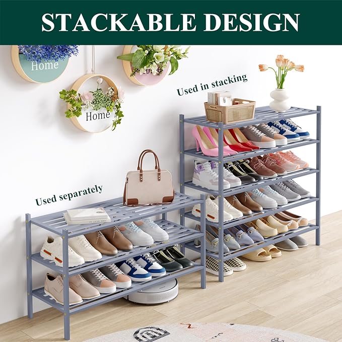 Smiry Long Bamboo Shoe Rack 3-Tier, Stackable Wooden Shoe Organizer for Entryway & Closet, Free Standing Wood Shoe Storage Sh