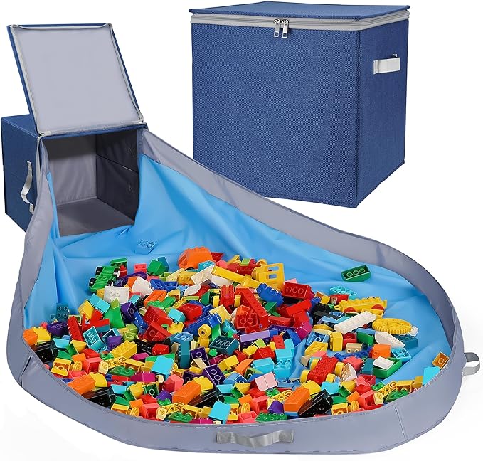 SAM AND MABEL Toy Storage Organizer with Play Mat for Kids – 13" x 13" x 13" Storage Box, Stackable and Foldable Cubby Basket