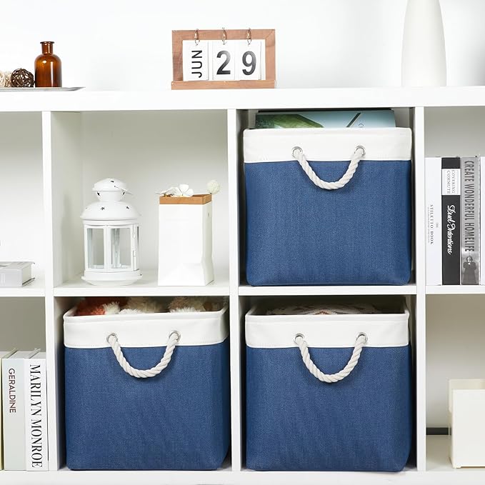 Bidtakay Large Storage Baskets for Shelves 3 Pack Fabric Storage Bins for Organizing Navy Blue Decorative Baskets Linen Colla